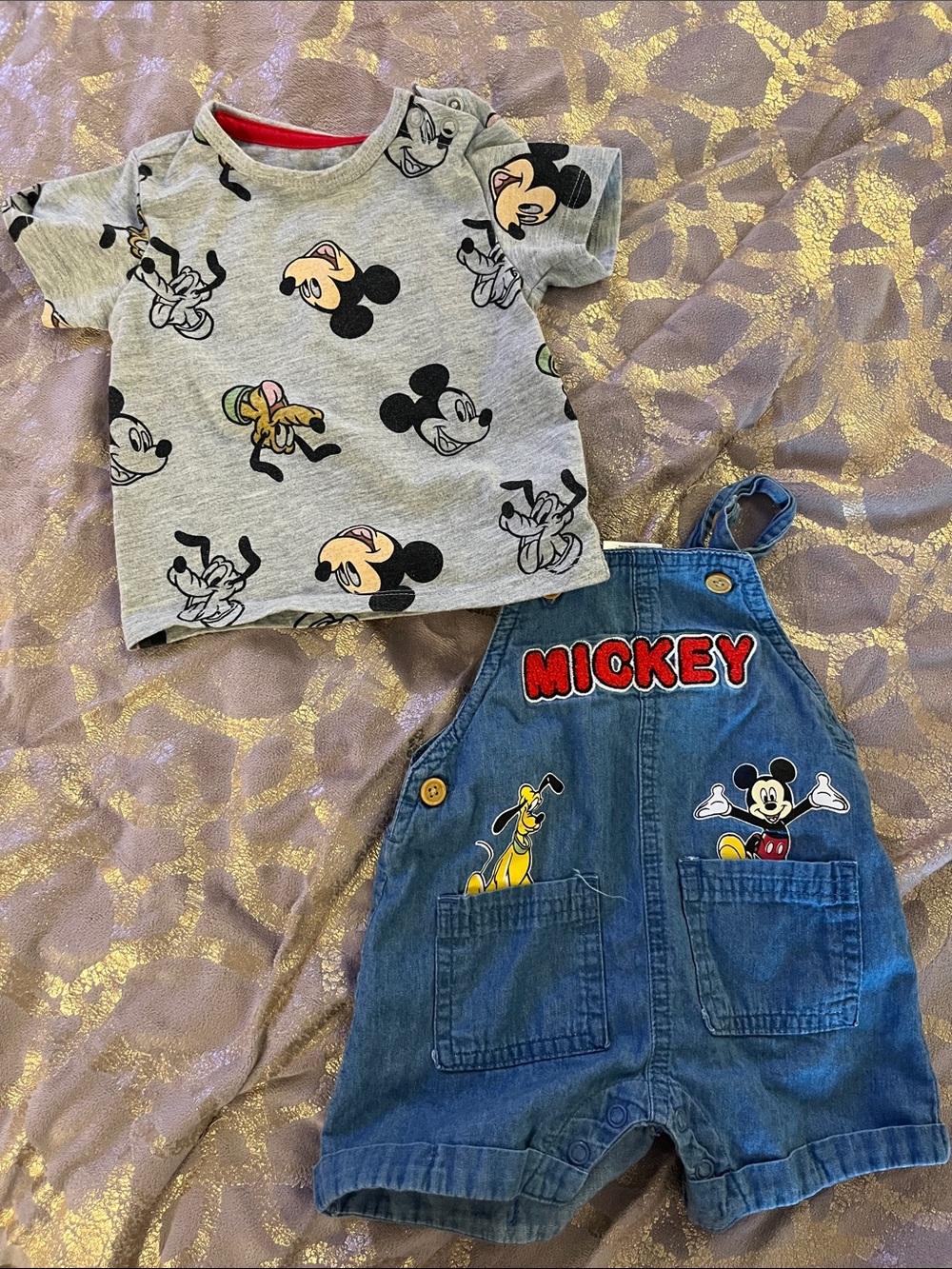Disney Grey Mickey Print Tee with Blue Denim Mickey Overalls